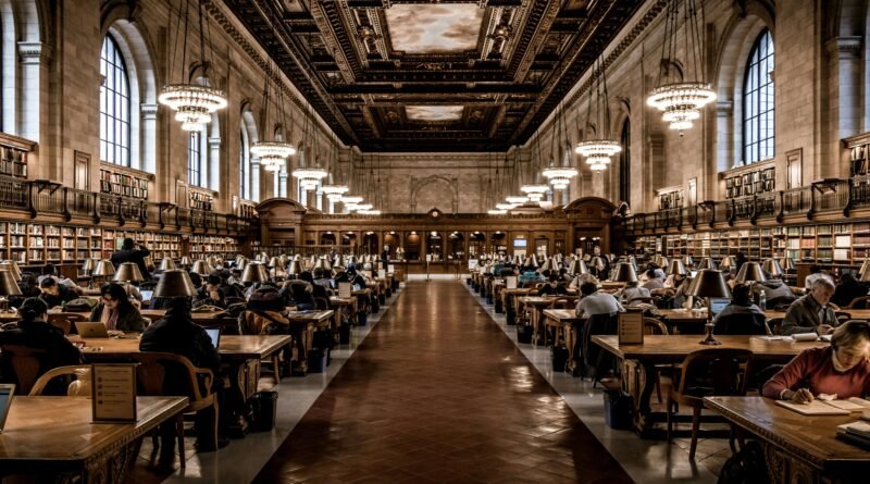College kids studying in a grand library